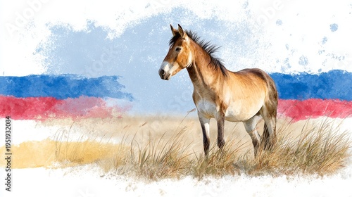 Wild horse in dry field with abstract painted flag background