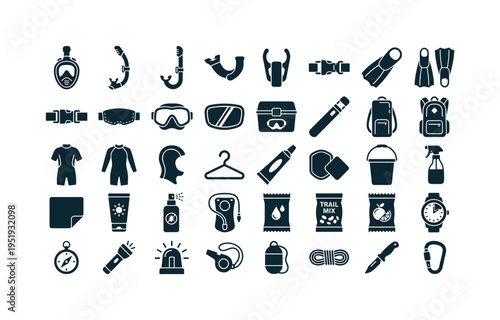 Reef exploration swimming accessories featuring full face snorkel mask, purge snorkel tube, dry top snorkel, snorkel mouthpiece