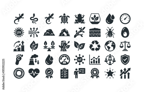 Reptile habitat ecology and enclosure management concept symbols showing lizard silhouette icon, snake silhouette icon, gecko icon