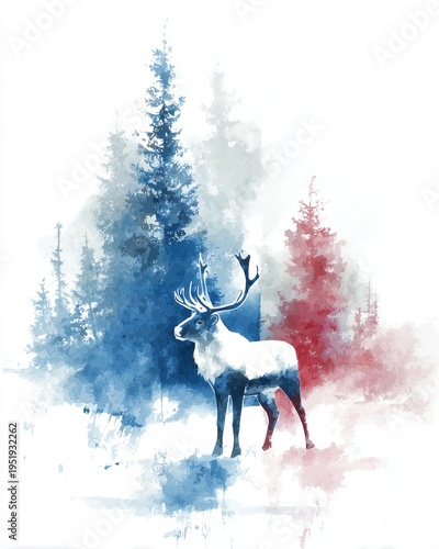 Watercolor painting of a majestic reindeer standing in a snowy winter forest with blue and red abstract tree silhouettes