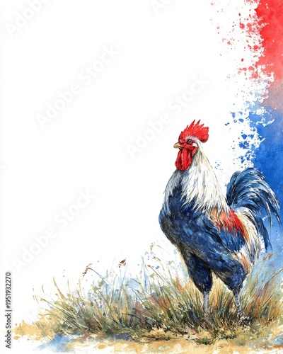 Gallic rooster watercolor illustration with French flag colors and copy space for Bastille Day greeting