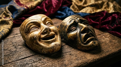 Comedy And Tragedy Masks On A Vintage Table, Evoking Theater And Drama.