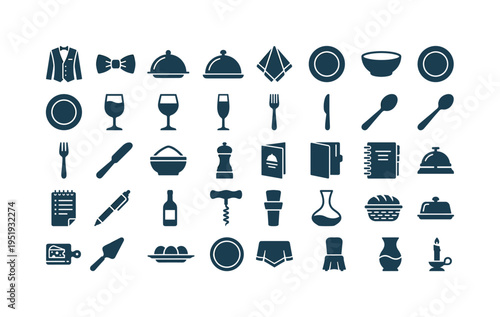 Restaurant service etiquette elements including waiter uniform jacket, bow tie accessory, serving tray round, cloche dome cover,