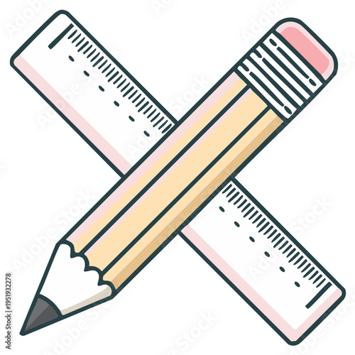 Pencil and Ruler Crossed Design Illustration, School Tools Icon Style, Creative Drawing Instrument Supplies