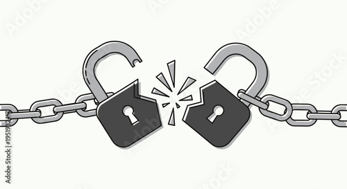 Two broken padlocks on chain link.