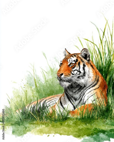 Graceful tiger in watercolor laying in green grass. Wild animal portrait.