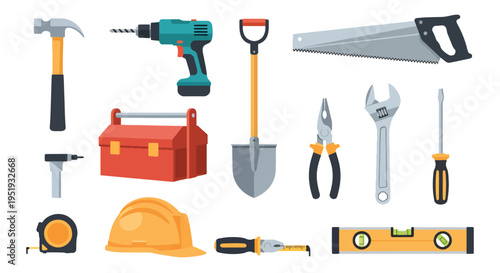 A selection of construction implements, including a hammer, drill, spade, saw, wrench, and toolbox, offers a comprehensive view of tools used in various building and repair tasks, making it