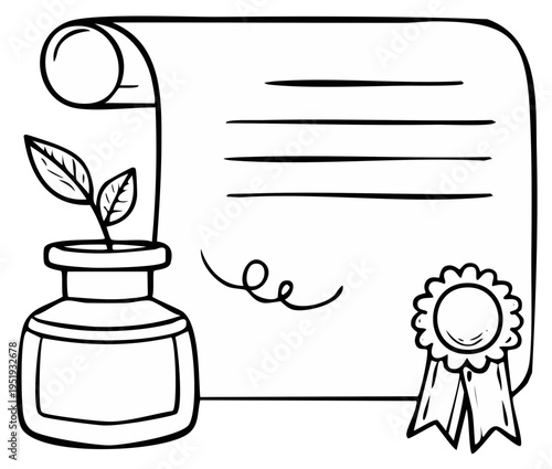 Hand drawn diploma scroll certificate with award ribbon and inkwell plant for achievement and growth