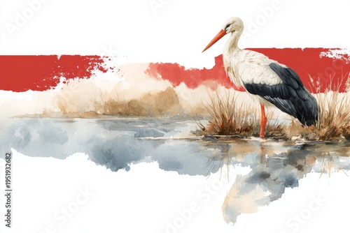 Watercolor illustration of a white stork standing in a pond with red abstract background brush strokes
