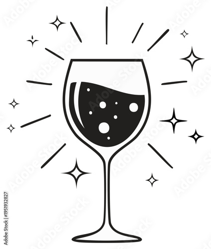 Sparkling wine glass icon with stars and bubbles, celebration concept