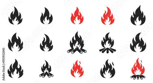 Various bonfire depictions are set forth, offering designers creative choices for projects focused on warmth, energy, or light in graphic or decorative contexts, adding visual flair and depth