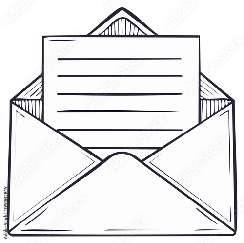 Hand-drawn outline of an open envelope revealing lined paper and folded flaps