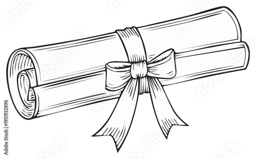 Diploma certificate with tied bow line art vector illustration on white background
