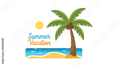 The artistic depiction showcases a tropical seascape with a palm tree on sandy terrain, inviting viewers to envision the allure of summer vacation beneath the warm glow of the sun, evoking