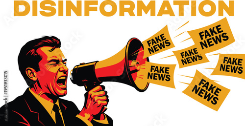 Disinformation and Fake News Propaganda Vector with Man Shouting into Megaphone for Social Awareness