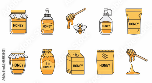 A collection of jars, dispensers, packets, and dippers, all showcasing fresh honey, promises a sweet and golden experience for any food-related design project requiring natural sweetness