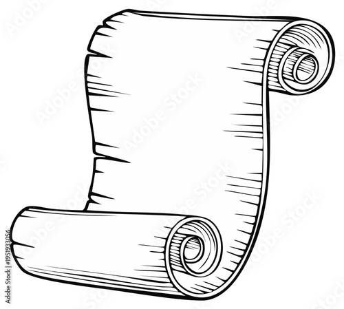 Black and white line art of an ancient rolled parchment scroll with tattered edges