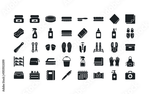 Shoe care tools including shoe polish jar, shoe cream jar, shoe wax tin, polish brush large, polish brush small, horsehair brush