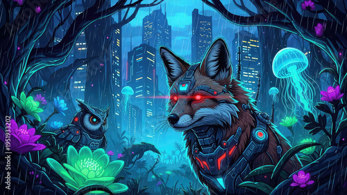 A futuristic illustration of a robotic fox in a cityscape with neon lights and jellyfish