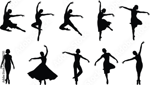 Ballet dancer silhouettes in elegant poses, dance illustration, performing arts design, graceful movement concept, expressive choreography, artistic theme