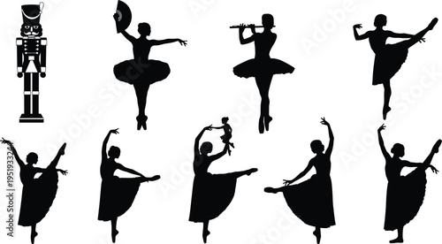 Ballet dancer silhouettes with toy soldier figure, elegant poses, Nutcracker inspired performance, graceful movements, props including fan flute doll