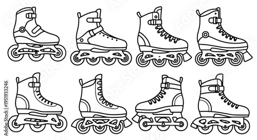 A set of roller skates, each with its own unique design and style, suggests a diverse range of skating preferences and aesthetic tastes showcased in this graphic collection of sporting equipment
