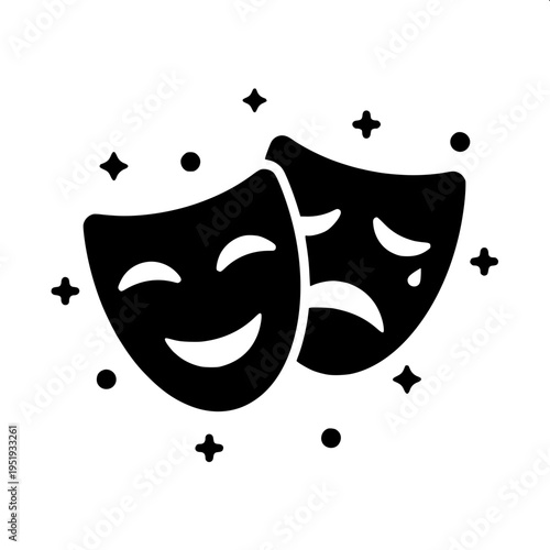 Minimal black silhouette icon of two theatre masks, comedy and tragedy, overlapping faces with happy and sad expressions, flat vector design, isolated on white background