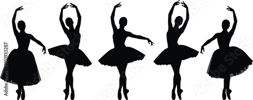 Ballet dancer silhouettes, classical poses, tutu costumes, graceful stances, elegant movement, artistic expression, dance illustration, vector art resource