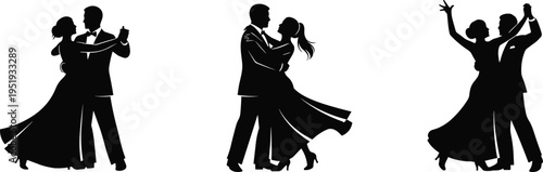 Ballroom dance silhouettes, dancing couples, elegant poses, graceful movement, formal attire, partner dancing, performance art, black vector illustration