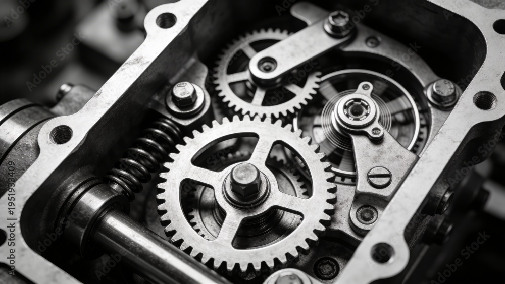 Fototapeta premium Intricate Mechanical Gears and Precision Engineering Components in a Monochrome Industrial Macro Close up