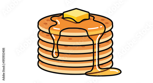 A stack of pancakes topped with butter and syrup on a white background