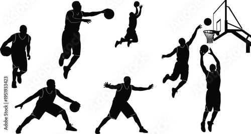 Basketball player silhouettes in action poses, dynamic sports illustration, dribbling, shooting, defending, hoop shot, athletic movement, competitive game concept