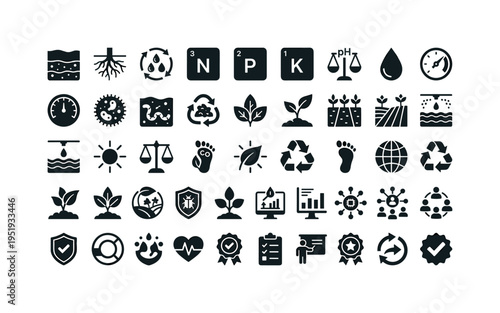 Soil quality assessment and agriculture concept symbols showing soil layer profile icon, root system icon, nutrient cycle icon,