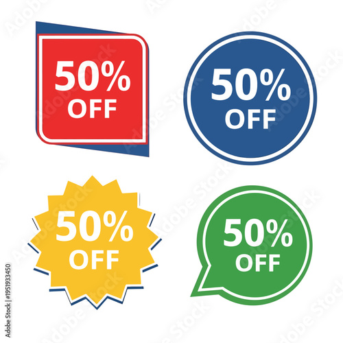 Colorful discount emblems displaying fifty percent off grab immediate attention, perfect for attracting customers with seasonal deals on various retail goods, creating excitement