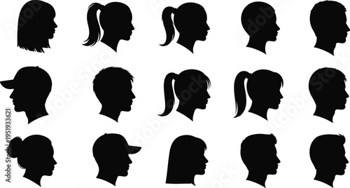Black silhouette human head profiles, diverse hairstyles, ponytails, buns, short hair, long hair, baseball caps, demographic icons vector illustration