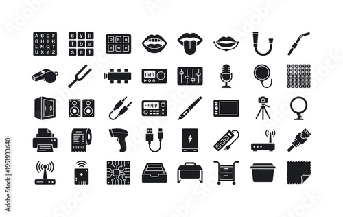Speech training tools featuring phonetic alphabet chart, syllable tiles set, phoneme chips tray, articulation model mouth, tongue