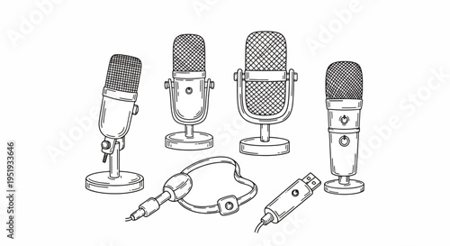 Artistic linear drawing showcases diverse microphone styles, capturing the essence of audio recording equipment and broadcasting tools with precision and flair, ready for various creative