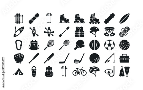 Sports equipment rental shop counter, ski set, snowboard board, pair of ski poles, ice skates pair, roller skates pair, inline