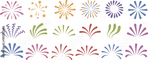 Assortment of colorful abstract fireworks and bursts on a white background