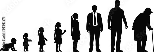 Black silhouette humans, life stages progression, baby, child, teenager, adult, elderly, aging concept, posture icons, development vector illustration design