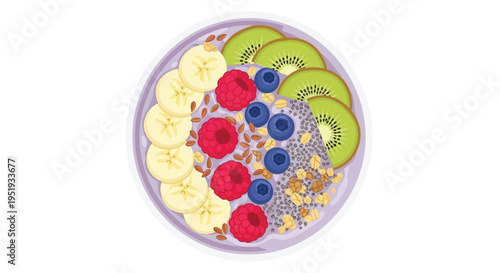 A vibrant and healthy bowl of fruit and granola on a white background