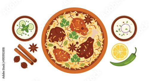 A vibrant and colorful illustration of a traditional Indian dish with various spices and ingredients