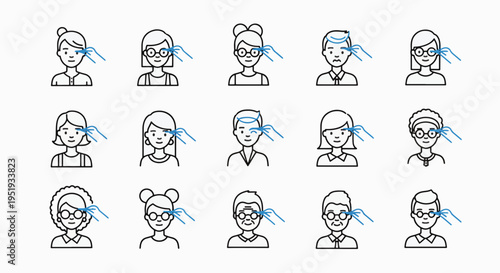 Diverse line icons portraying varied individuals wearing eyewear, with reflections suggesting they are viewing screens or monitors, highlighting eye health and digital interaction