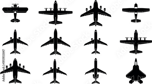  Black airplane silhouettes in top-down view, aircraft vector illustration, aviation design elements, military and civil plane icons for creative layout