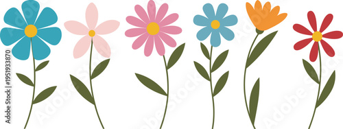 Collection of simple cartoon flowers with green stems and leaves on a white background floral spring