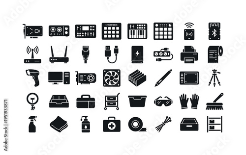 Broadcast studio accessories featuring capture card device, audio interface unit, video switcher console, stream deck control pad,