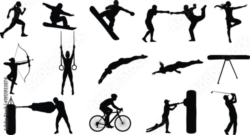 Black silhouette illustration of diverse athletes performing sports including running, cycling, swimming, boxing, dance, gymnastics, and martial arts