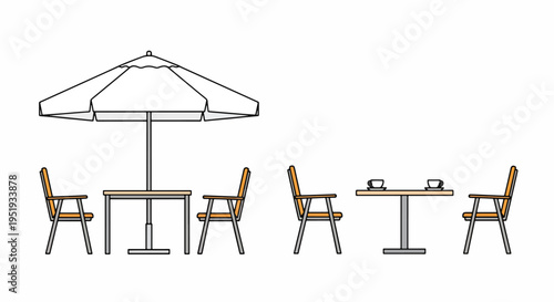 Drawn images present a pair of outdoor dining arrangements, one featuring a square table under an umbrella and four chairs, alongside another showcasing a smaller square table with just two
