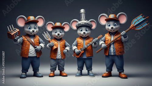 Four cartoon mice dressed as construction workers with musical instruments