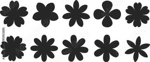 Collection of ten black abstract flower shapes with rounded petals on a white background